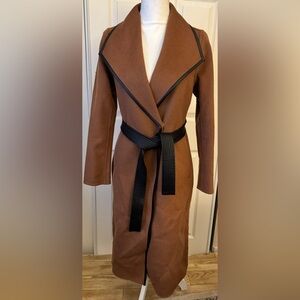Brown wool blend coat with black waist belt, comes with original bags